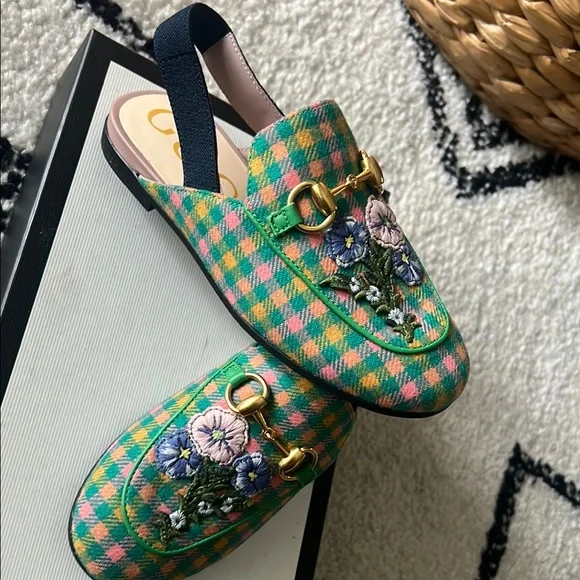 Girls Gucci Floral Embroidered Loafers - Green and Pink